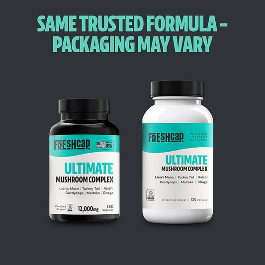 FreshCap Ultimate Mushroom Supplement 12,000mg - Nootropic Complex Capsules, Organic Mushroom Immune Support, Brain Supplements for Memory and Focus, Ayurveda Nootropic (180 Capsules)