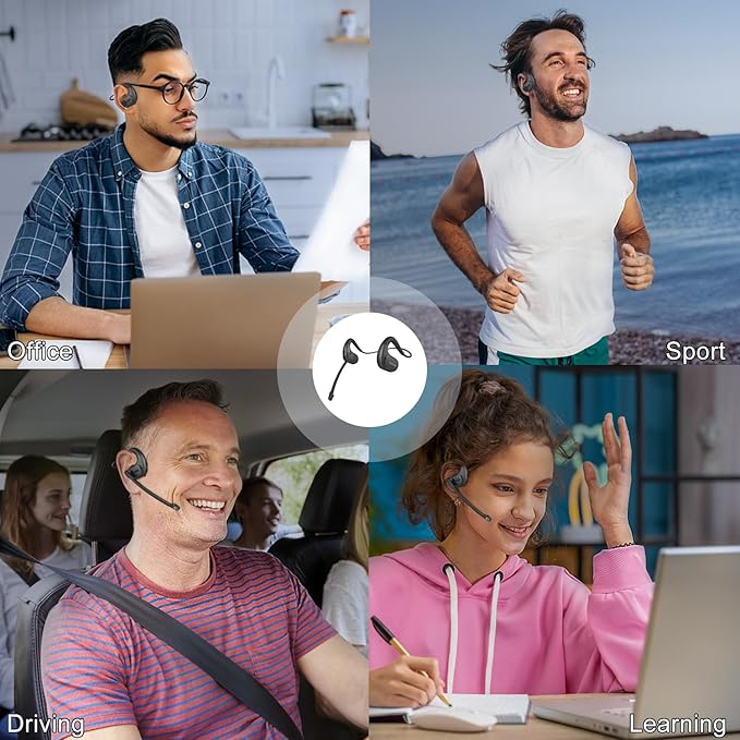 Trucker Bluetooth Headset, Open Ear Headphones with Detachable Noise Cancelling Mic, Wireless V5.3 Computer Headset with Boom Mic for Skype Zoom Face Time