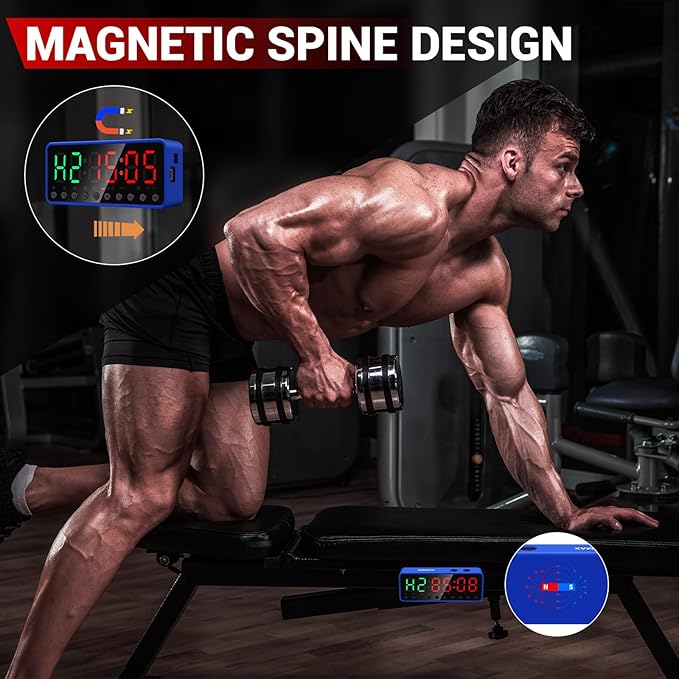 Portable Gym Timer, Fitness Clock, Home Garage Gym Workout Timer, Built-in Strong Magnet and Lithium Battery and Beat Function, Large LED Digital Anti-Vertigo Display