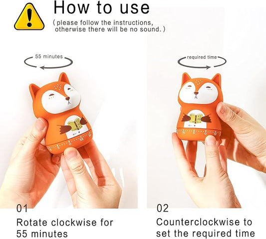 2 Pack Cute Kitchen Timer,100% Mechanical Timer for Kids,60 Minute Egg Timer for Cooking/Reading/Do Sports. (Fox and Raccoon)