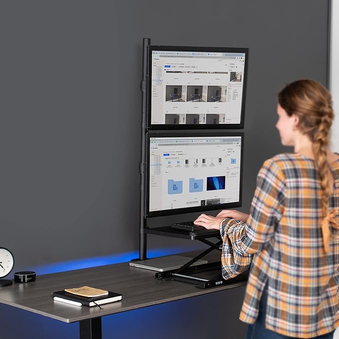 VIVO Extra Tall Vertically Stacked Dual Monitor Desk Mount Stand with 99 cm Stand-up Pole, Fully Adjustable Extended Arms, Fits 2 Screens up to 27 inches, STAND-V012T