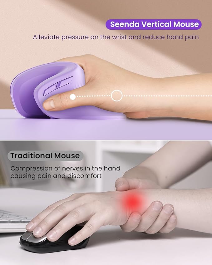 seenda Ergonomic Mouse with Jiggler - Wireless Vertical Mouse with Multi Device Connection (Bluetooth or USB), Reduces Wrist Strain, Quiet Click, Compatible with PC, Laptop, Mac, Windows (Purple)