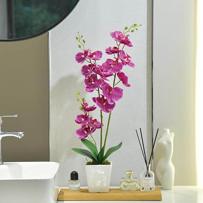 Faux Orchid in Vase Artificial Orchid in Ceramic Vase Tall Silk Orchids with Stems Real Look Potted Phalaenopsis Flowers Arrangement Centerpiece Table Decorations for Home Decor Indoor, Fuchsia