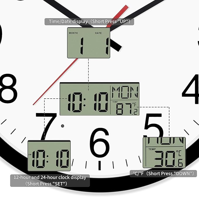 Digital Wall Clock with Lighted LCD Display Temp, Week, Switchable Time and Perpetual Calendar, DST Function, Silent Battery Operated Analog Clock for Office Bedroom Classroom (12", Black)