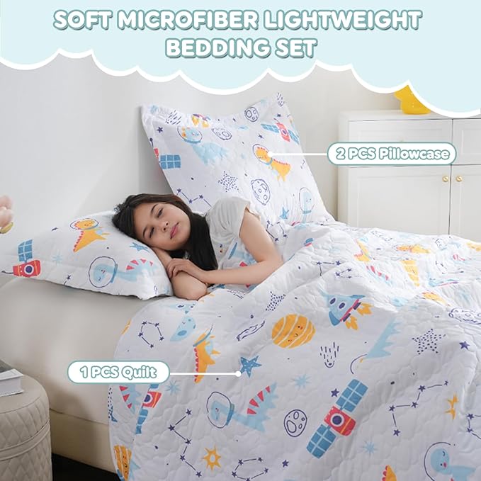 Cute Dinosaur Space Rocket Quilt Set for Boys Full Size Kids Bedding Sets Lightweight Summer Bedspread Soft Microfiber Breathable Bed Comforter All-Season