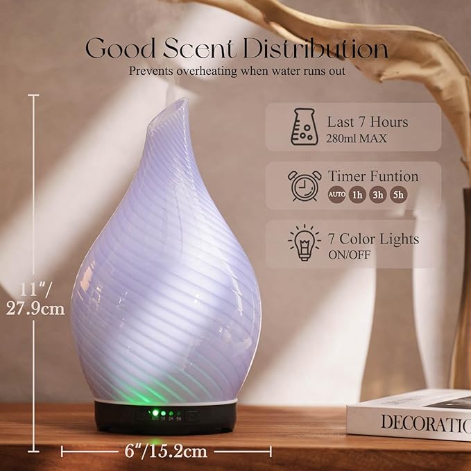 Porseme 280ml Essential Oil Diffuser Glass Color Changing Aroma Air Diffusers Aromatherapy Ultrasonic Cool Mist Humidifier 7 Running Hours Waterless Auto-Off for Sleeping, Yoga, Spa (Pure Purple)