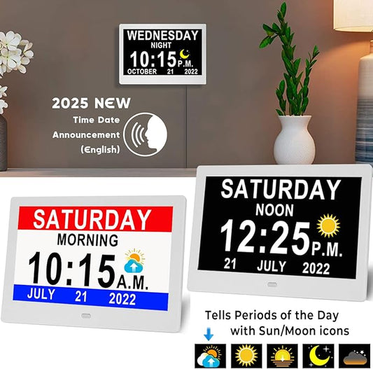 11.5 Inch Extra Large Digital Talking Clock with 19 Alarms, Auto DST, Talking Time, 20 Custom Reminders, 10-Level Auto Dimmer, Day Date Calendar Clock for Seniors Dementia Alzheimers', with Remote