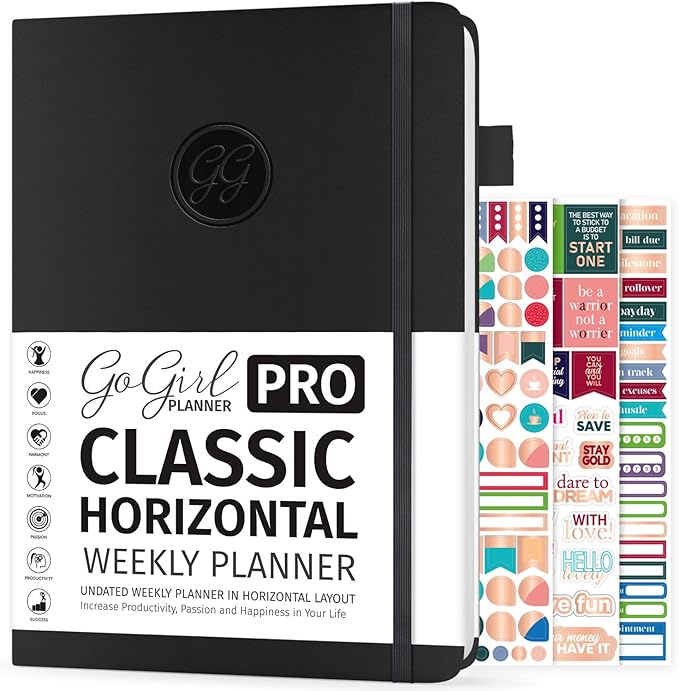 GoGirl Planner PRO - Undated Horizontal Layout Weekly Planner and Organizer + Budgeting and Expense Tracking Pages, Goals Journal & Agenda, 7" x 10" Hardcover, Lasts 1 Year - Black