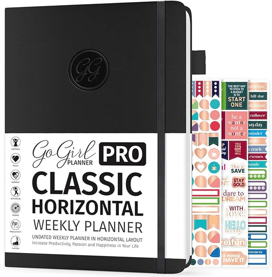 GoGirl Planner PRO - Undated Horizontal Layout Weekly Planner and Organizer + Budgeting and Expense Tracking Pages, Goals Journal & Agenda, 7" x 10" Hardcover, Lasts 1 Year - Black
