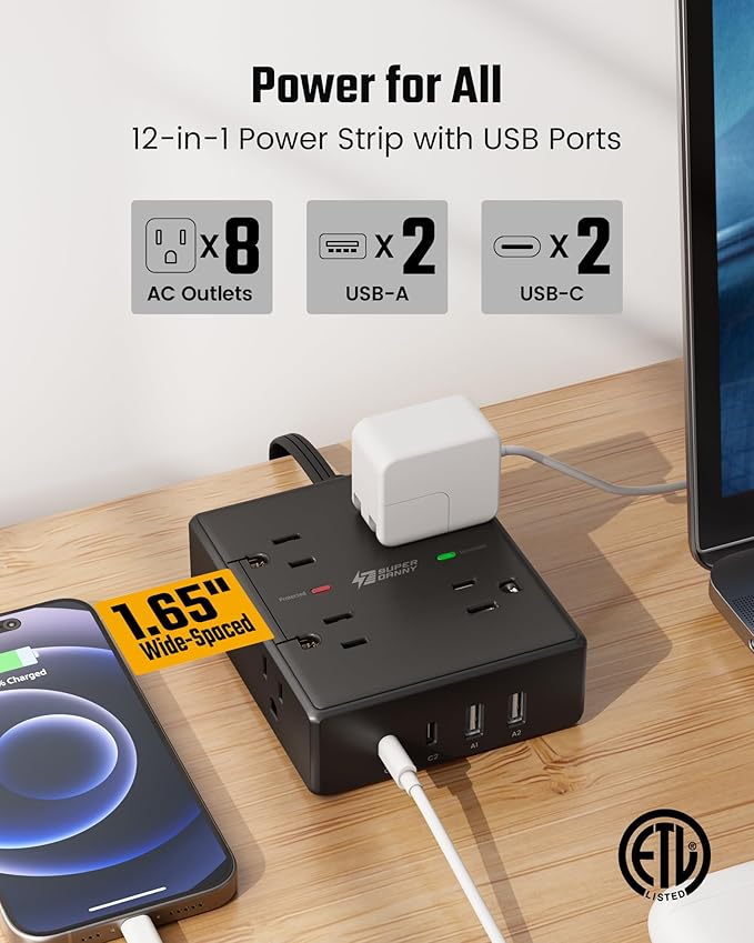 6Ft Extension Cord with Multiple Outlets, Flat Plug Power Strip Surge Protector, 8 Outlet 4 USB Ports (2 USB C), Wall Mountable, Desk Charging Station for Home Office, College Dorm Room Essentials