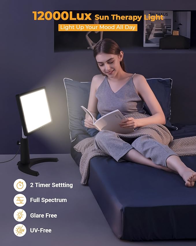 Light Therapy Lamp, 12000 Lux Full Spectrum 3 in 1 Therapy Lamps UV-Free LED Sunlight, Adjustable 10 Brightness 5 Color Modes, Timer, Height, Angle& Detachable Stand, Black