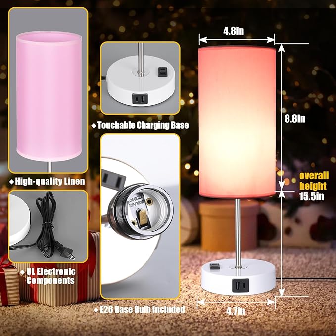 Table Lamp with USB Port - Desk Lamp Touch Lamp Bedside Lamps for Bedroom, 3 Way Dimmable Small Lamps for Living Room, Nightstand, Nursery, Dorm, Home, Office, White Base+ Pink Lampshade