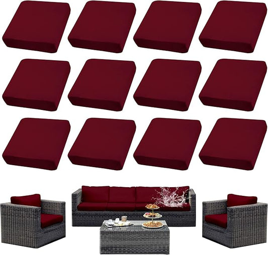 12Pcs Patio Cushion Covers Waterproof, Cushion Covers, Stretch Outdoor Couch Covers, Patio Couch Slipcovers, Patio Cushion Covers Replacement, Outdoor Chair Cushion Covers (Wine red)