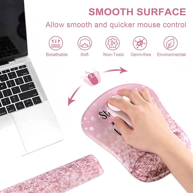 HAOCOO Pink Mouse Pad Support, Keyboard Wrist Rest, Gel Wrist Rest for Computer and Mouse Pad Set, Anti-Slip Base, Keyboard Pad with Coaster for Office Home Women, Stay Positive
