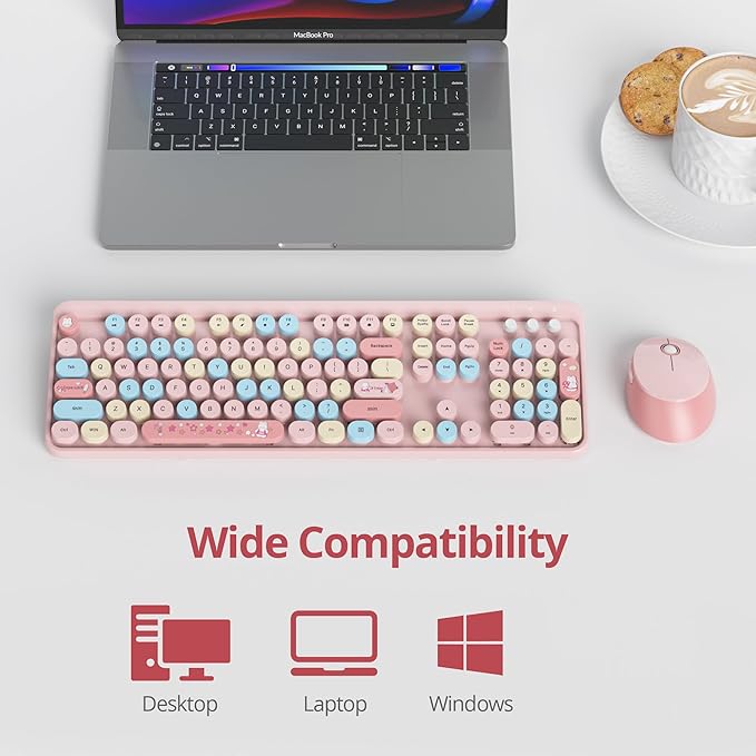 GTSP Typewriter Pink Keyboard and Mouse Wireless, Full-Size Colorful Cute Office Keyboard 2.4GHz with Number Pad for Desktop Laptop and PC (Colorful Pink)