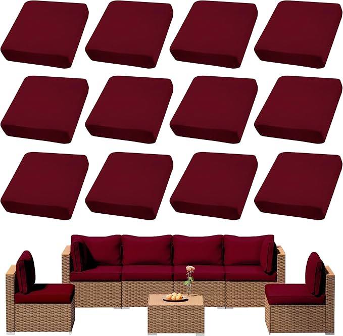 12Pcs Outdoor Patio Cushion Covers, Waterproof, Stretch Cushion Covers Replacement, Furniture Cushion Covers (Claret 1, 12PCS)
