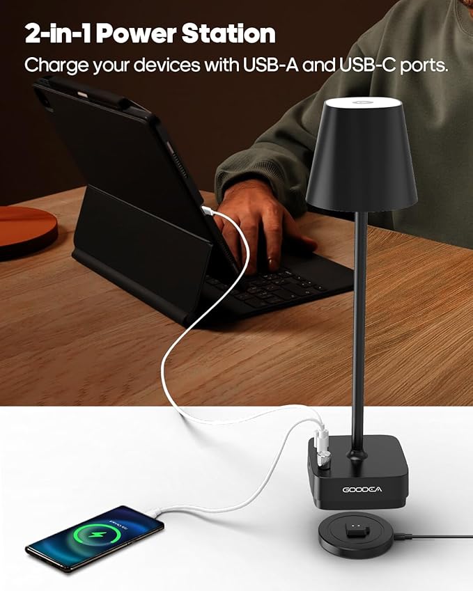 2 Pack Cordless Table Lamp with Charging Base, Rechargeable 6000mAh Battery Operated Lamp, 3 Color Dimmable Portable Table Light for Restaurant, Bedroom, Home, Kitchen Counter