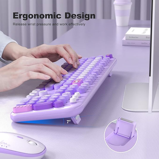 MOFII Wireless Keyboard and Mouse Combo, Cute Colorful Full Size Keyboard and Adjustable Mouse, 2.4GHz Retro Typewriter Keyboard and Mouse Set for PC/Desktop/Laptop/Windows (Purple Colorful)
