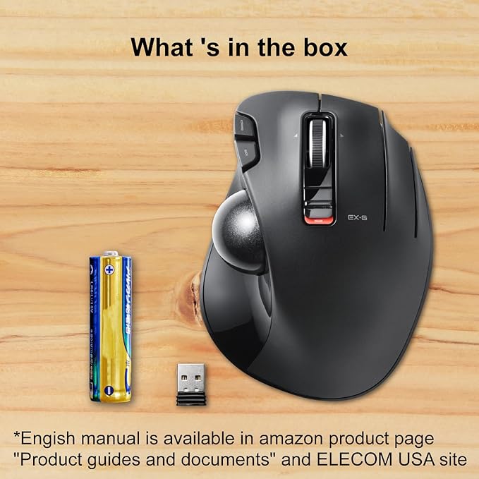 ELECOM EX-G Trackball Mouse, 2.4GHz USB Wireless, Ergonomic Design, Thumb Control, Smooth Roller Ball, Optical Tracking, 6 Programmable Buttons, Tilt Scroll, Computer Mice for Laptop PC, Windows & Mac