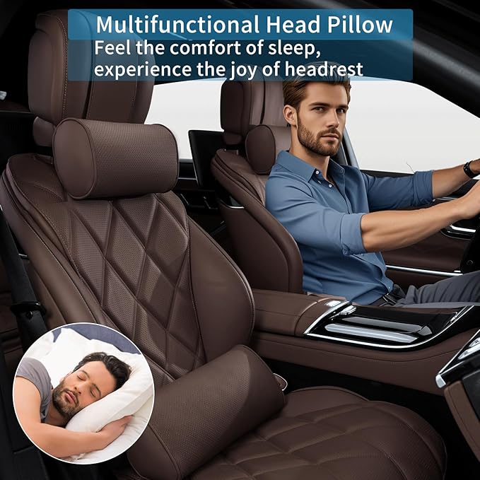 Car Headrest Pillow for Driving - Luxury Leather 100% Memory Foam, Ergonomic Neck Support - Universal Fit Head Rest Travel Pillow for Most Cars, Home & Office, Brown, 1 Pack