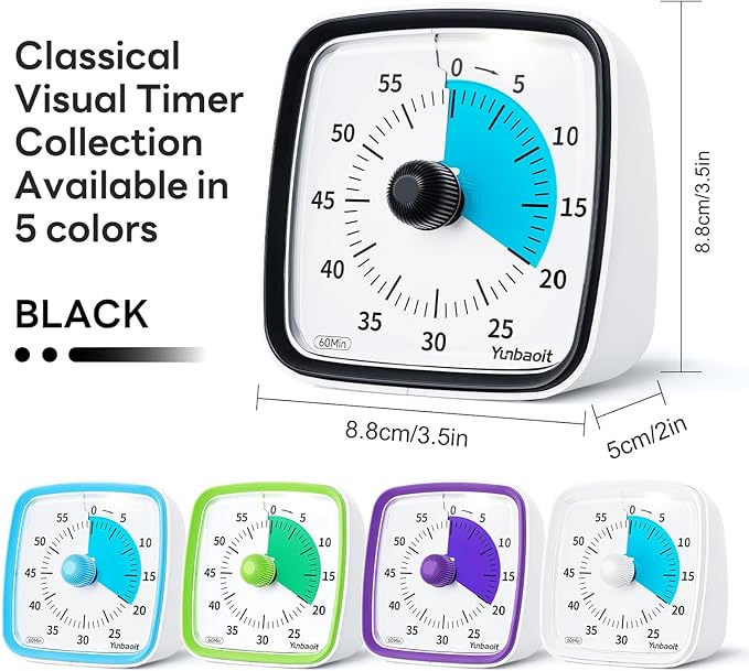 Yunbaoit Visual Timer with Night Light, 60-Minute Countdown Timer for Kids and Adults, Silent Classroom Timer, Time Management Tool for Home, School, or Work (Dark Black)