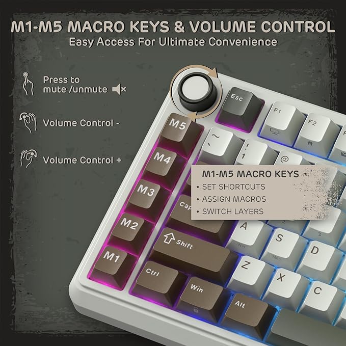 RK ROYAL KLUDGE L75 Gasket Mount Mechanical Keyboard w/Knob/Macro Keys & Touchable Nameplate, Tri-Mode 75% TKL Wireless Keyboard BT/2.4G/USB-C, Hot Swappable, Pro Software, Massive 8000mAh Battery