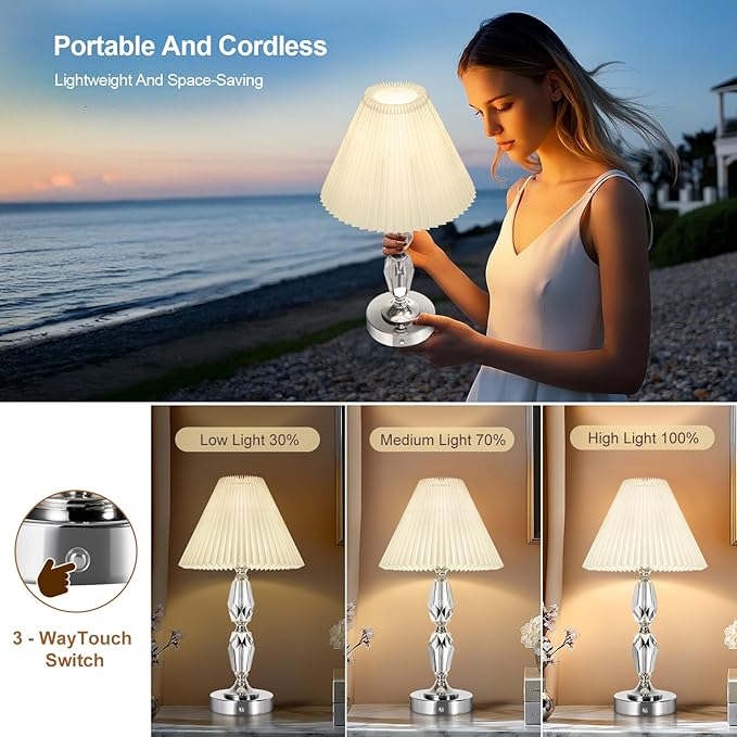 Rechargeable Table Lamp With Touch Dimmer,Acrylic Cordless Lamp with 4400mAh Battery Operated,3-Level Brightness,Pleated Linen Fabric Shade,Portable Cordless Table Lamp for Dinner,Patio(Bulb Included)