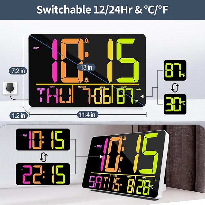 13" Large Digital Wall Clock with Remote, RGB Color Changing, 25 Ringtones, 0-100% Auto/Custom Brightness, Temperature, Calendar, 12/24H, DST, Timer, for Living Room/Bedroom/Office/Elderly