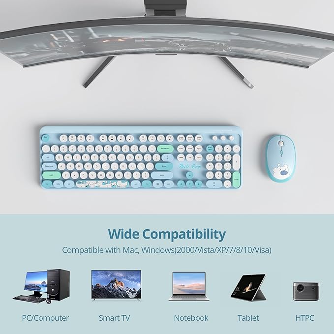 GTSP Typewriter Wireless Keyboard Mouse Combo, Cute 2.4G Office Full-Sized Retro Keyboard with Round Keycaps for Laptop PC Desktops（Blue）