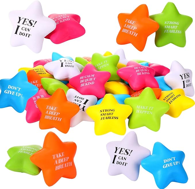 Chalyna 30 Pieces Motivational Star Stress Ball Quote Relief , 2.2 Inch PU Foam Stress Toys Bulk Sensory Star Toy Gifts for Kids Teens Adults Relieve Anxiety Party Supplies(Bright Colors)