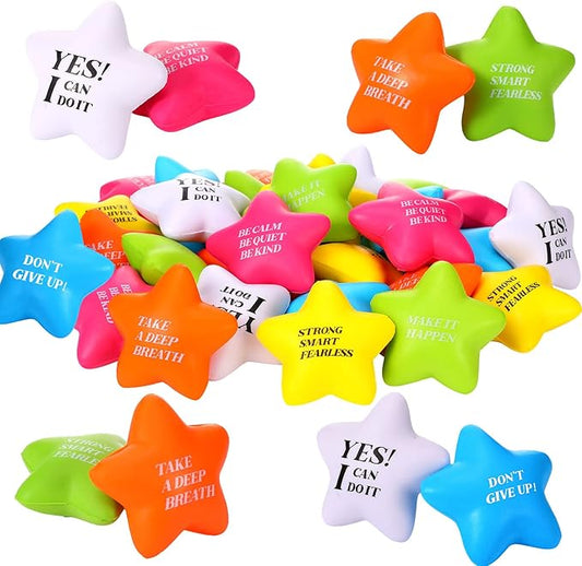 Chalyna 30 Pieces Motivational Star Stress Ball Quote Relief , 2.2 Inch PU Foam Stress Toys Bulk Sensory Star Toy Gifts for Kids Teens Adults Relieve Anxiety Party Supplies(Bright Colors)