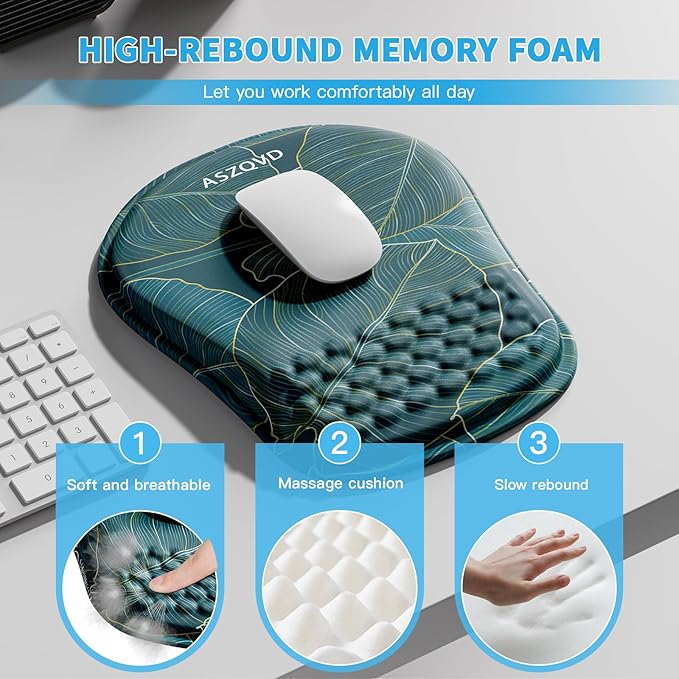 Mouse Pad with Wrist Rest, Ergonomic Mousepads with Wrist Support, Soft Lycra Fabric Memory Foam Office Desk Accessories for Comfort/Pain Relief/PC Gaming/Computer/Laptop (Green Leaves)