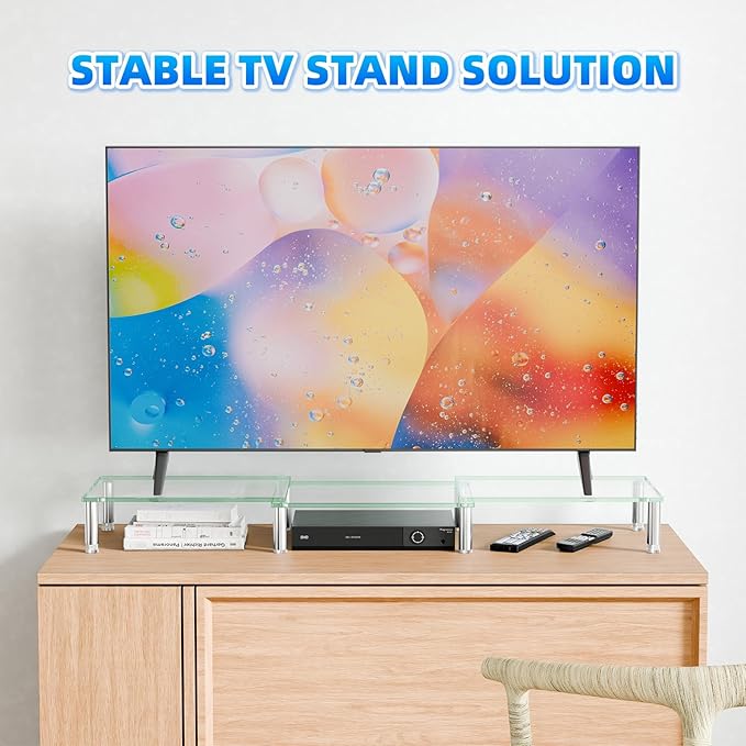 Simple Trending Dual Monitor Stand Riser, Computer Office Desktop Organizer for 2 Monitors with Tempered Glass, Adjustable Length and Angle Stand for Laptop,Printer,TV