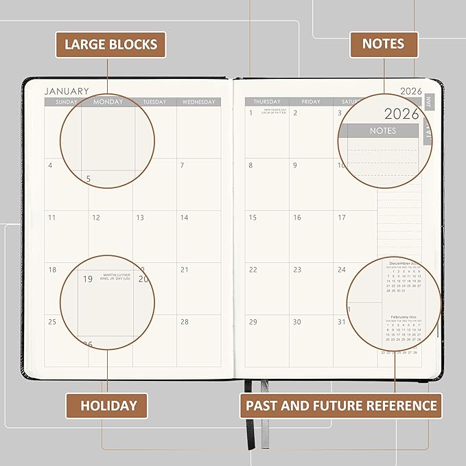2026 Planner - Planner 2026 with Pen Loop, Jan 2026 - Dec 2026, to Achieve Your Goals & Improve Productivity, Thick Paper, 40 Note Pages, Inner Pocket, 5.75" x 8.25" - Black