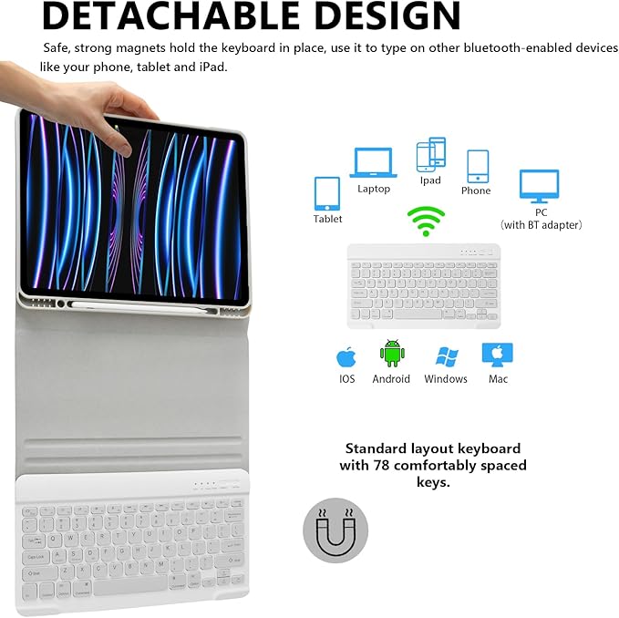 besky Keyboard Case for iPad Pro 12.9 inch (5th, 6th Generation) & New Air 13 inch M2 (Only Applies to 3 iPads Model) - Wireless Detachable Keyboard- Pencil Holder, with Auto Sleep/Wake Function