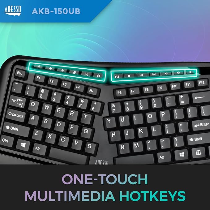 Adesso Ergonomic USB Keyboard with Integrated Palm Rest - Split Key Design, Multimedia & Internet Hotkeys, 105-Key US Layout AKB-150UB