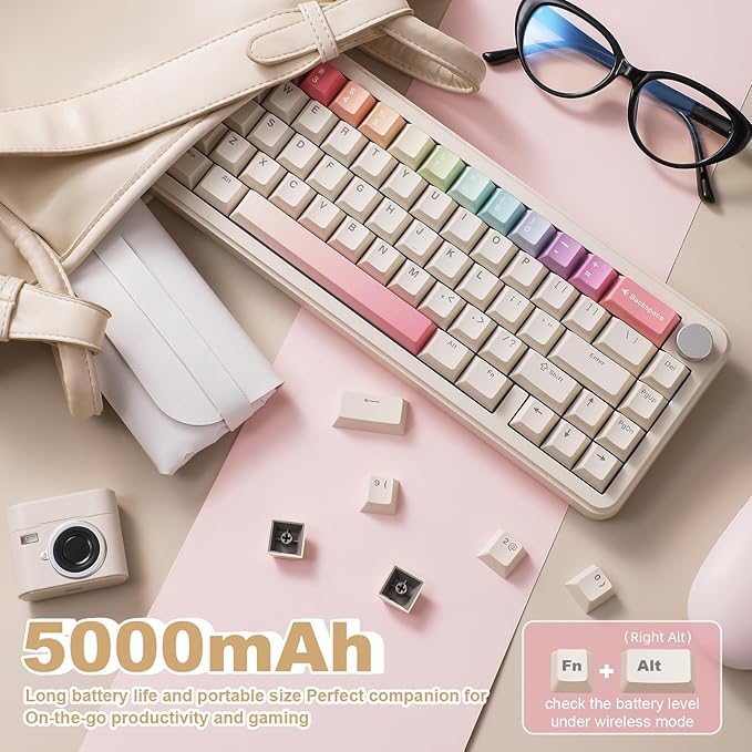 YUNZII B68 Wireless Mechanical Keyboard,Tri-Mode BT5.0/2.4GHz/USB-C,Cute PBT Keycaps,Hot Swappable Creamy Typing Gasket Mounted,RGB Backlit NKRO for Win/Mac (Beige, Milk V2 Switch)