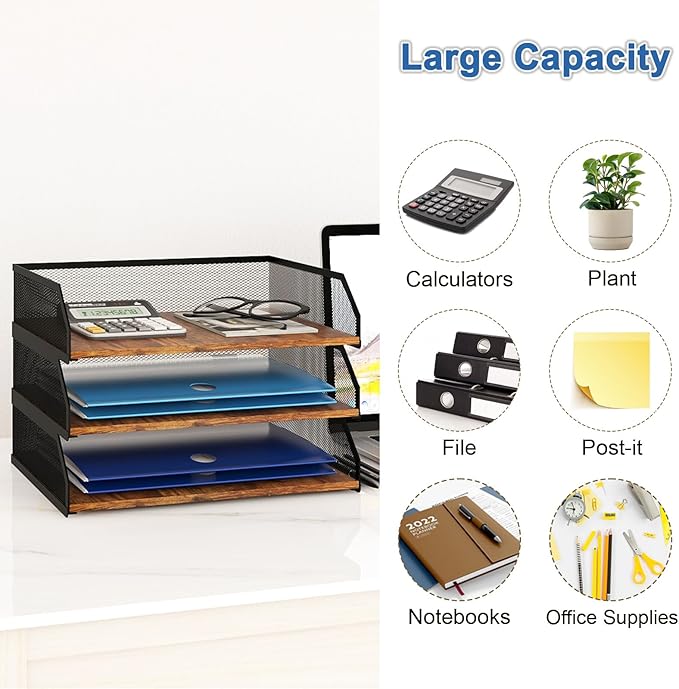 Natwind 3-Tier Stackable Paper Tray, Metal Mesh Desktop Organizer, Paper Sorter, Letter Trays,File Document Storage Rack for for Home, Office, School (Retro)