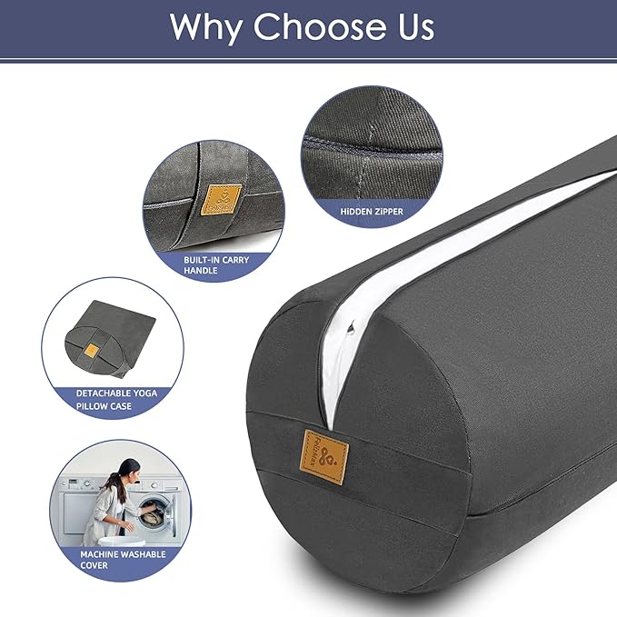 Organic Buckwheat Bolster(24X9 in) Yoga Bolster Supportive Yoga Cushion for Restorative Yoga Accessories Meditation Pillow Reading Pillow Floor Pillow Large Round Cylinder