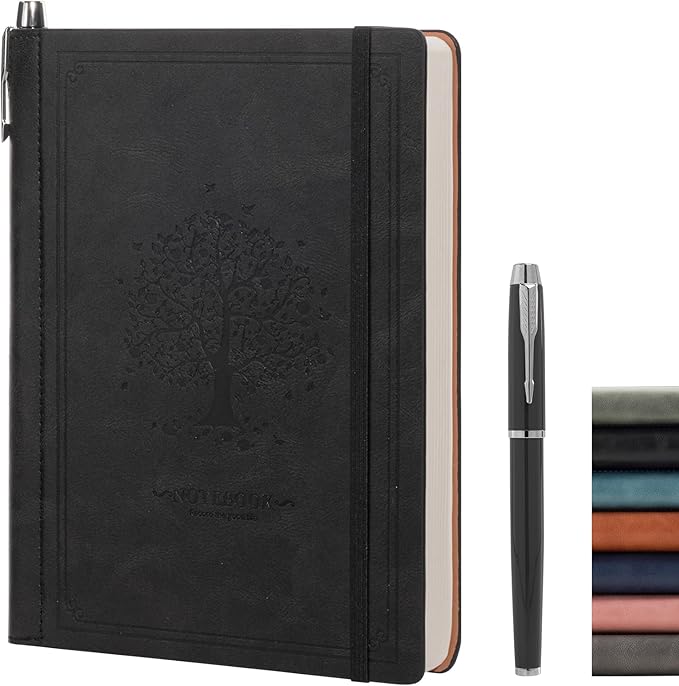 Lined Notebook Journal for Women Men 320 Pages A5 Hardcover Leather with Pen Holder College Ruled Journals for Work Note Taking Travel School Black