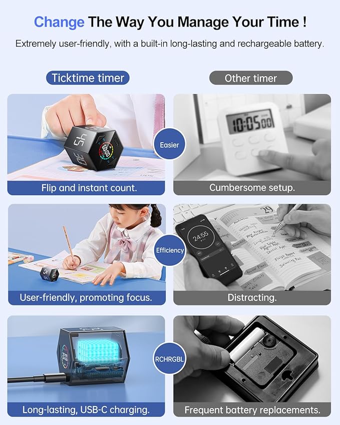 Pomodoro Timer Cube, Hexagon Productivity Timer, Pause & Resume, Silent, Vibrate & Adjustable Sound Alert, for ADHD, Task, Work, Study, 5/15/25/30/45/60min & Custom Countdown,Gray