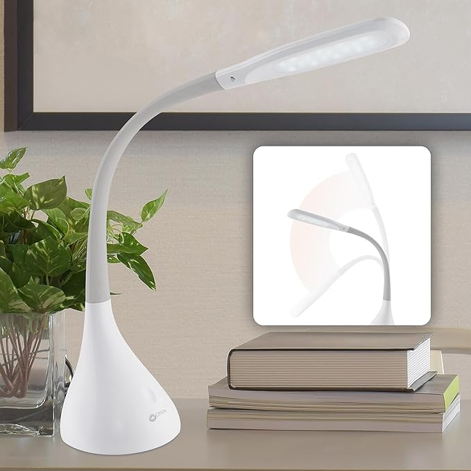 OttLite LED Desk Lamp with Adjustable Neck, Creative Curves (White/Grey) - 2.1A USB Charging Port, 4 Dimmable Brightness Settings, Energy-Efficient ClearSun LEDs for Home & Office