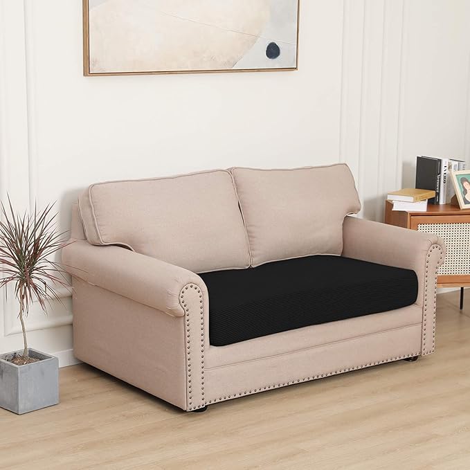 Easy-Going Stretch Loveseat Cushion Cover Sofa Cushion Furniture Protector Sofa Seat Sofa Slipcover Sofa Cover Soft Flexibility with Elastic Bottom(Loveseat Cushion, Black)