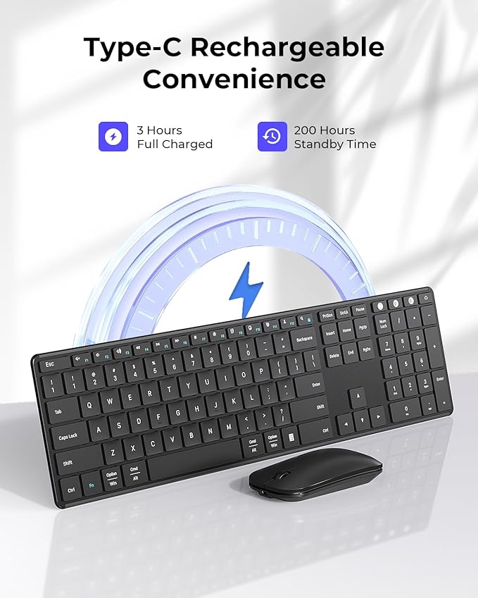 seenda Wireless Bluetooth Keyboard and Mouse Combo (USB + Dual BT), SKM64-3 Multi-Device Rechargeable Slim Keyboard and Mouse, Compatible for Win 7/8/10, MacBook Pro/Air, iPad, Tablet - Black