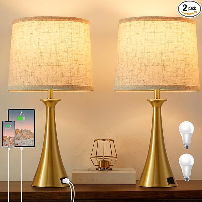 Touch Table Lamp for Living Room Bedroom, 21" Table Lamps Set of 2 with USB C+A Ports, Touch Bedside Lamps for Nightstand with 3 Way Dimmable, 2 LED Bulbs Included, Gold