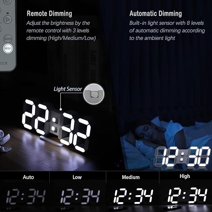 KOSUMOSU 3D LED Digital Wall Clock ,9.7", Large Display Table/ Desk Clock with Remote Control 12/24H Temperature (White Light)
