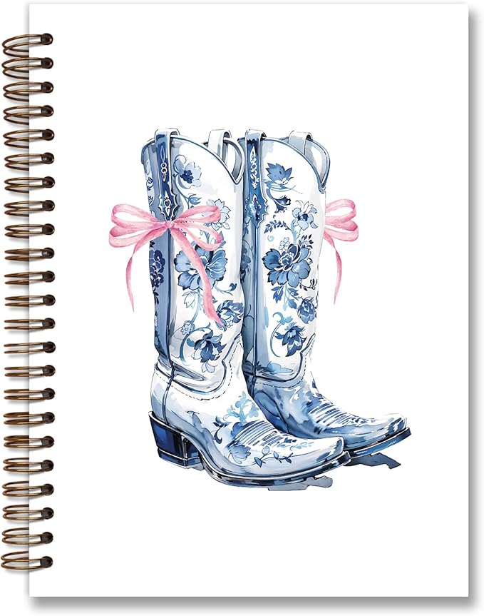 Chinoiserie Blue Notebook Journal,Blue Floral Cowgirl Boots Preppy Aesthetic Journal Notebook for Note Taking, Cowgirl Stuff, Cowgirl Gifts,Blue Office Supplies, piral Notebook 5.5x8.3 Inch