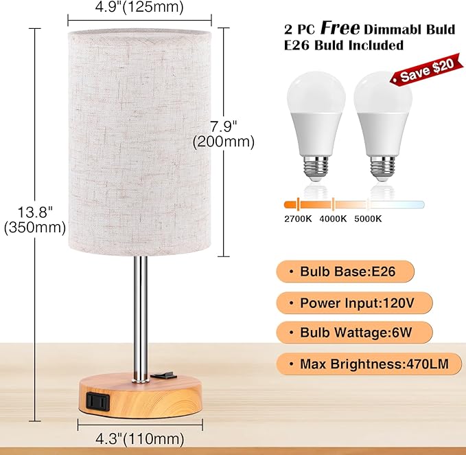ZJOJO Table Lamp for Bedroom Set of 2, Bedside Small Lamps with 3 Way Dimmable Rocker Switch & AC Outlet, Nightstand Desk Lamp with Flaxen Fabric Shade Woodgrain Base for Living Room Home Decor Lights