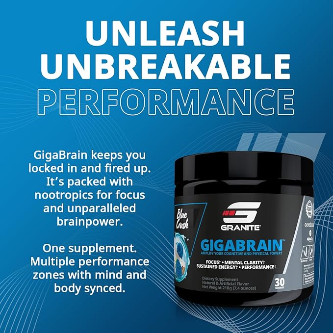 Granite Nutrition GigaBrain Nootropic Energy Powder – Cereboost, Alpha-GPC & ElevATP – Cognitive Focus Supplement for Sustained Energy & Performance – Blue Crush, 30 Servings