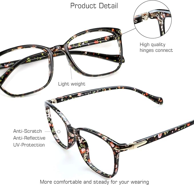 VisionGlobal Blue Light Blocking Glasses for Women, Anti Eyestrain, Computer Reading, TV Glasses, Stylish Square Frame, Anti Glare(Floral,+6.00 Magnification)